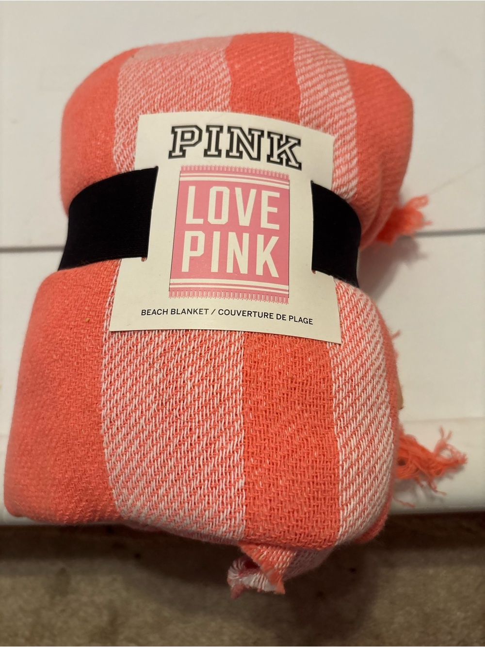 PINK Victoria's Secret Striped Coral & White Beach Blanket